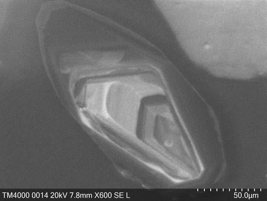 Zircon with fine growth rings Cathode Luminescence shows fine growth rings in Zircon crystal